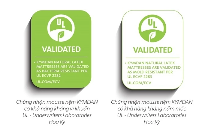 Khả năng kháng khuẩn của gối và đệm Kymdan được tổ chức UL chứng nhận.