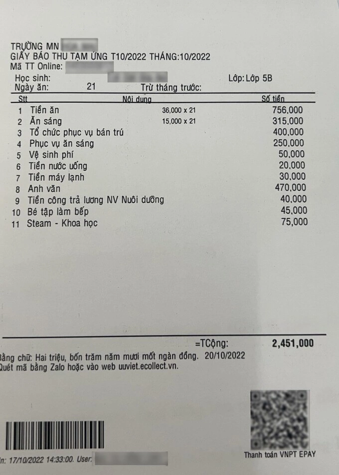 Mẫu phiếu thông báo học phí có gắn mã QR gửi cho Phụ huynh học sinh. Nguồn: VNPT Epay