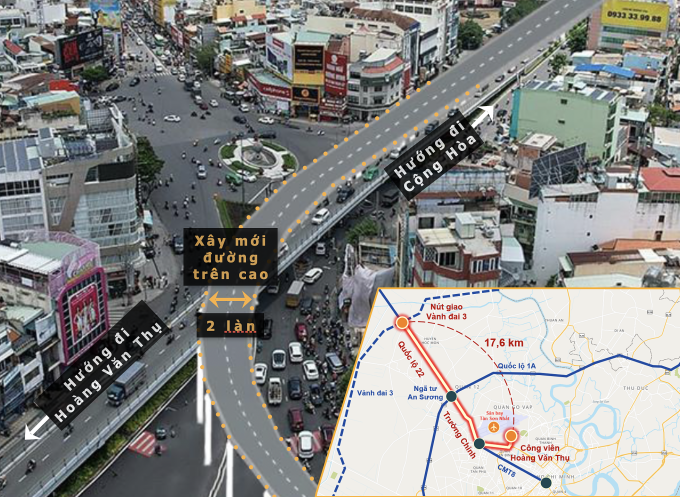 Phối cảnh ý tưởng nút giao Lăng Cha Cả thuộc tuyến Cộng Hòa - Trường Chinh - Quốc lộ 22 - Vành đai 3. Ảnh: CII