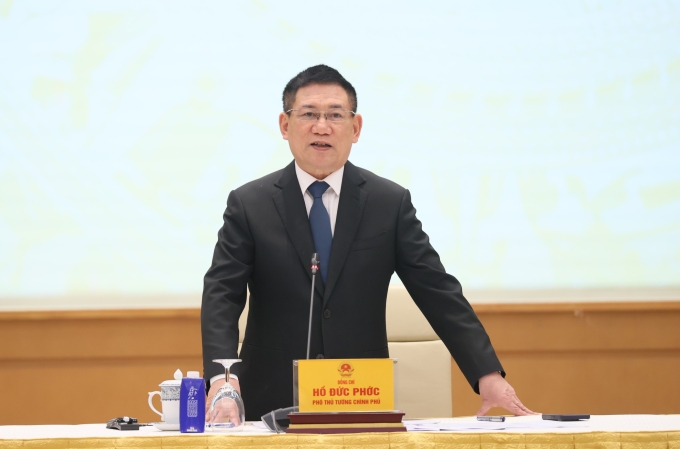 Phó thủ tướng Hồ Đức Phớc phát biểu tại cuộc họp với đại diện các bộ ngành, doanh nghiệp, hiệp hội về thuế đối ứng của Mỹ, chiều 4/4. Ảnh: VGP