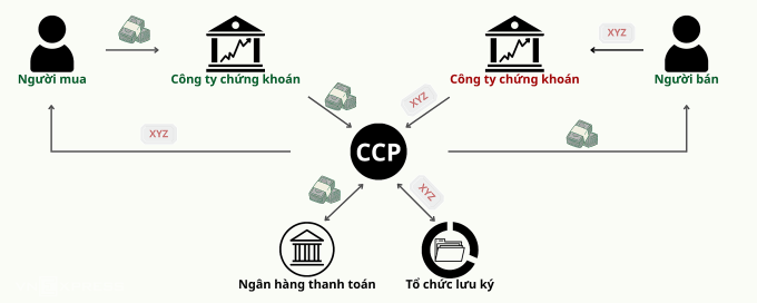 Sơ đồ minh họa cơ chế CCP trong giao dịch chứng khoán. Đồ họa: Tất Đạt