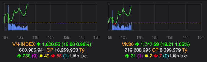 Đồ thị VN-Index và VN30 trong phiên sáng 11/8. Ảnh chụp màn hình