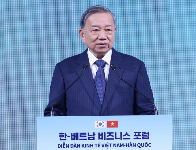 Tổng Bí thư Tô Lâm phát biểu tại Diễn đàn kinh tế Việt Nam - Hàn Quốc, sáng 12/8, tại Seoul. Ảnh: TTXVN