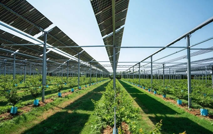 Mô hình trồng nho dưới tấm pin mặt trời tại Pháp. Ảnh: SunAgri