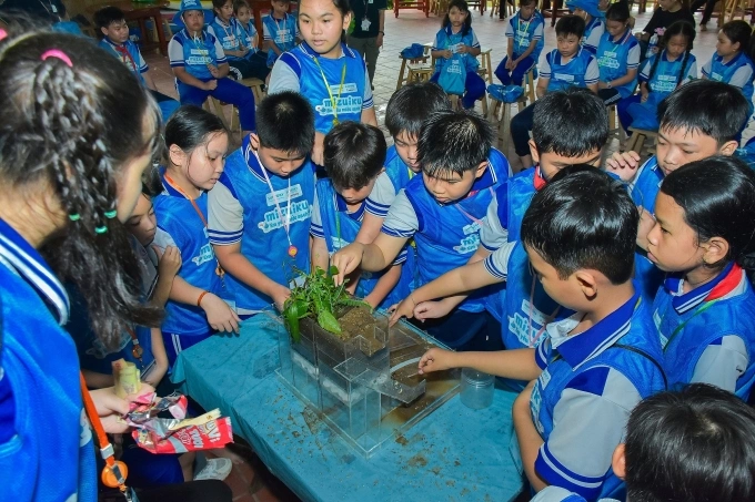 Các em học sinh được học và thực hành về nguồn nước với công cụ trực quan. Ảnh: Suntory PepsiCo