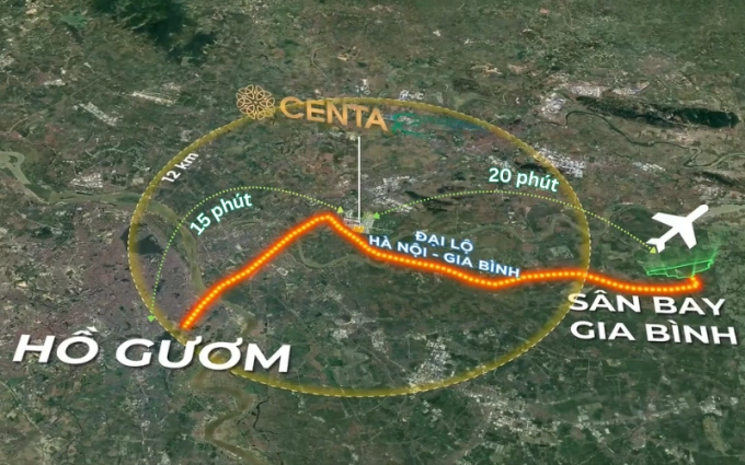 Centa Riverside nằm ngay trục đại lộ Hà Nội - Gia Bình, cách sân bay Gia Bình chỉ 20 phút di chuyển. Ảnh: Centa Riverside