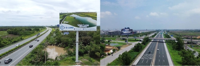 Bảng tấm lớn tại cao tốc Long Thành - Dầu Giây (trái) và bảng biển ba mặt trên cao tốc Hà Nội - Hải Phòng. Ảnh: Bizman