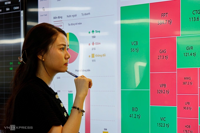 Nhà đầu tư đang quan sát diễn biến thị trường tại trụ sở một công ty chứng khoán ở TP HCM. Ảnh: An Khương
