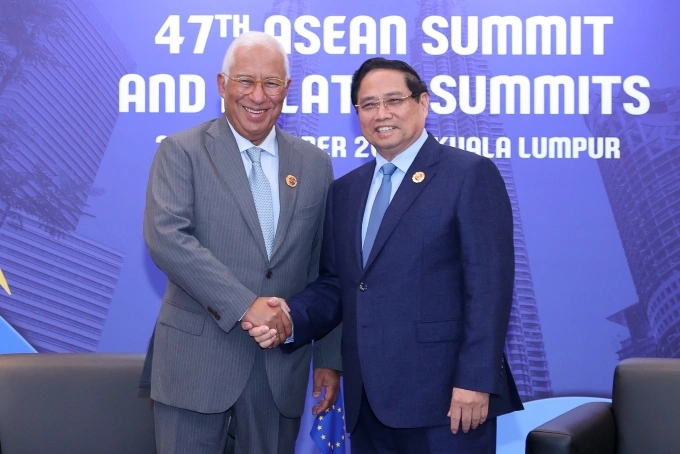 Thủ tướng Phạm Minh Chính gặp với Chủ tịch Hội đồng châu Âu Antonio Costa, ngày 27/10. Ảnh: VGP