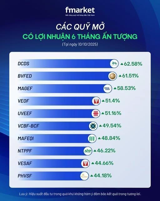 Quỹ mở có lợi nhuận cao trong 6 tháng từ 10/4 đến 10/10, số liệu thống kê tại ngày 10/10 trên Fmarket. Nguồn: Fmarket