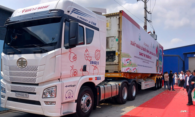 Chuyến xe container 18 tấn bưởi da xanh chính thức xuất chính ngạch sang Australia sáng 13/4 tại Vĩnh Long (Bến Tre cũ). Ảnh: Thi Hà