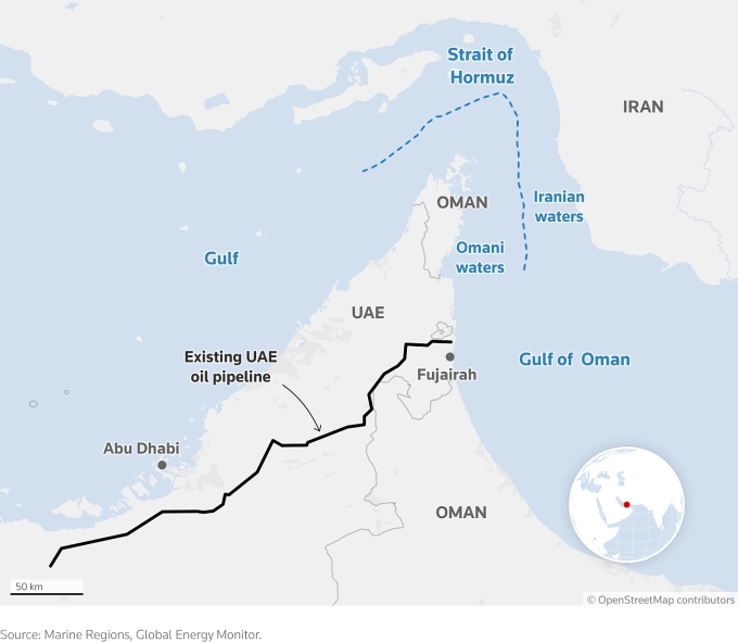 Đường ống dẫn dầu hiện tại của UAE. Đồ họa: Reuters